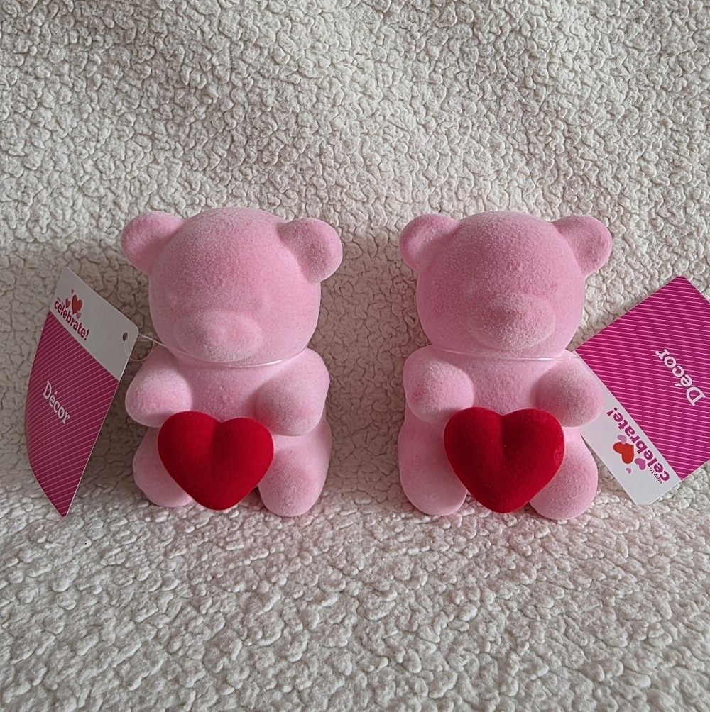 Flocked pink Bear with heart bundle Tabletop Decoration 4", Valentine's Day, NWT